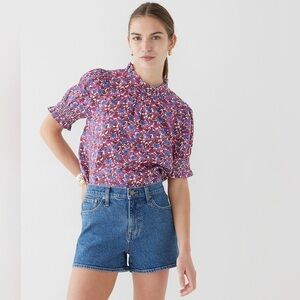 J Crew Smocked linen puff-sleeve top in berry floral size XL pink purple spring